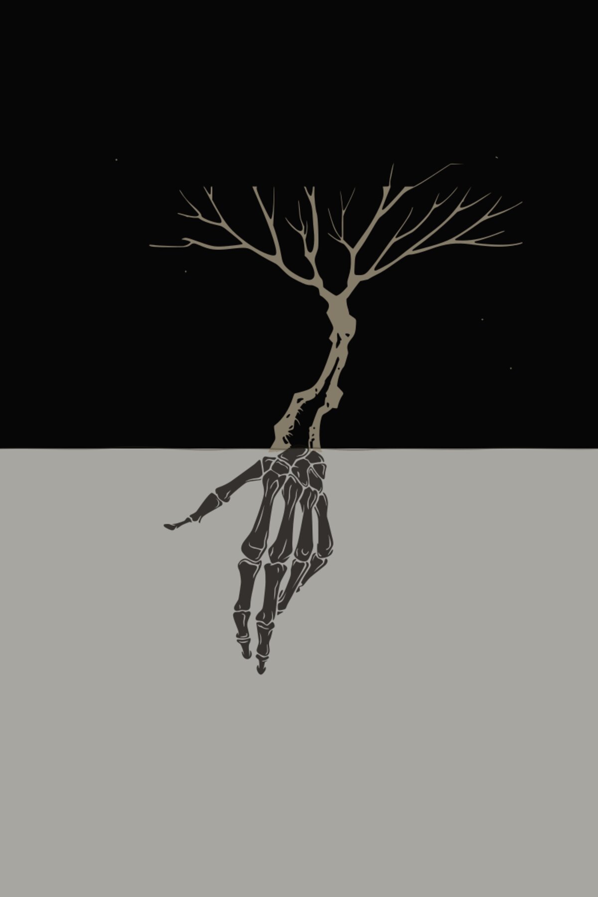 The Never tree growing upward, the doctor's skeleton hand reaching downward. Same root. Two colors.